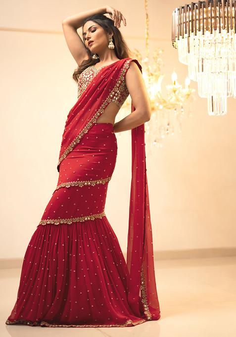 Red Mirror Work Pre-Draped Saree Set