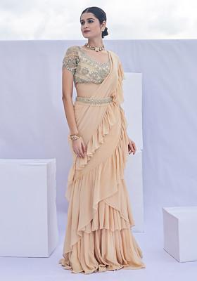 Golden Mirror Embroidered Pre-Draped Ruffle Saree Set