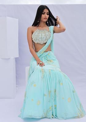 Blue Paisley Print Embroidered Pre-Draped Saree Set