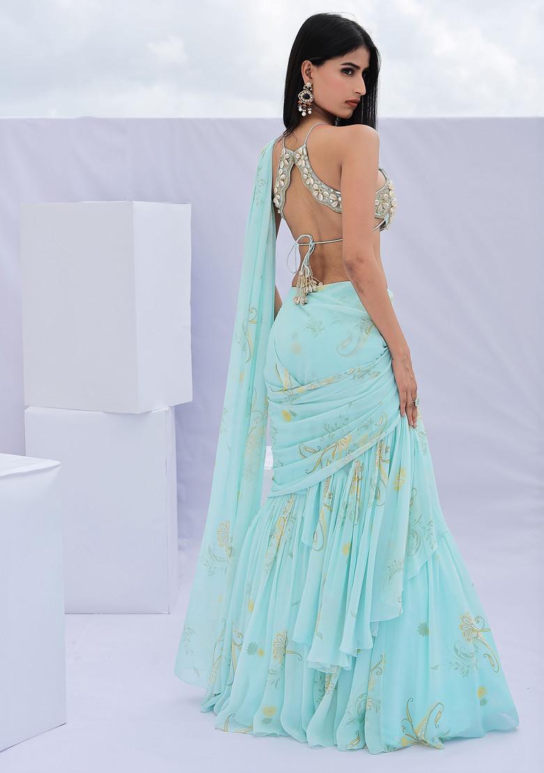 Blue Paisley Print Embroidered Pre-Draped Saree Set - Indya