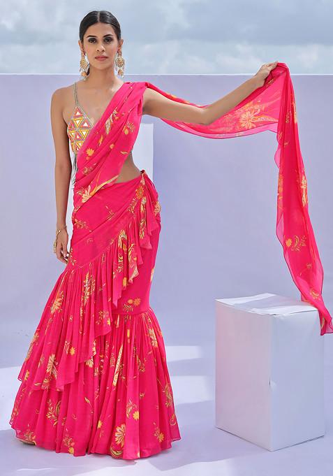 Pink Paisley Print Embroidered Pre-Draped Saree Set