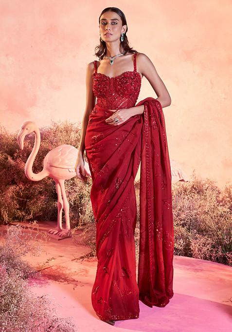 Red Rose Embroidered Saree With Blouse