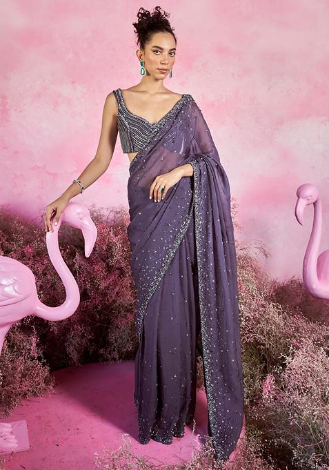 Deep Purple Galaxy Embroidered Saree With Blouse
