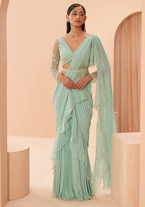 Mint Green Ruffle Saree With Blouse