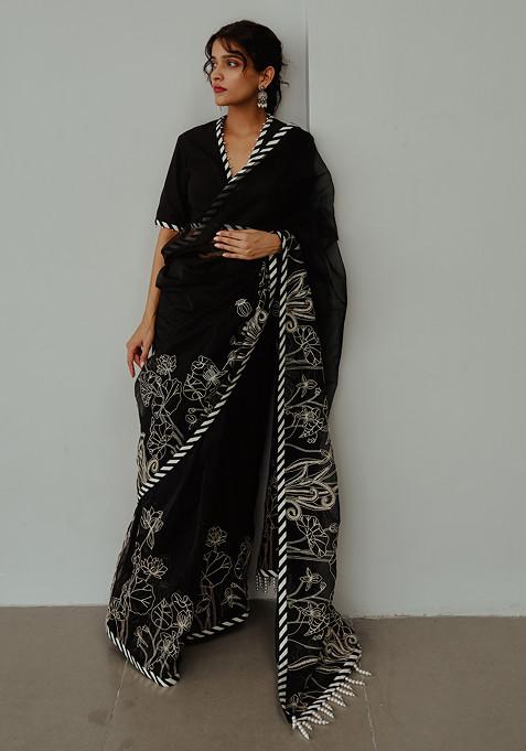Black Aari Embroidered Saree With Stitched Blouse