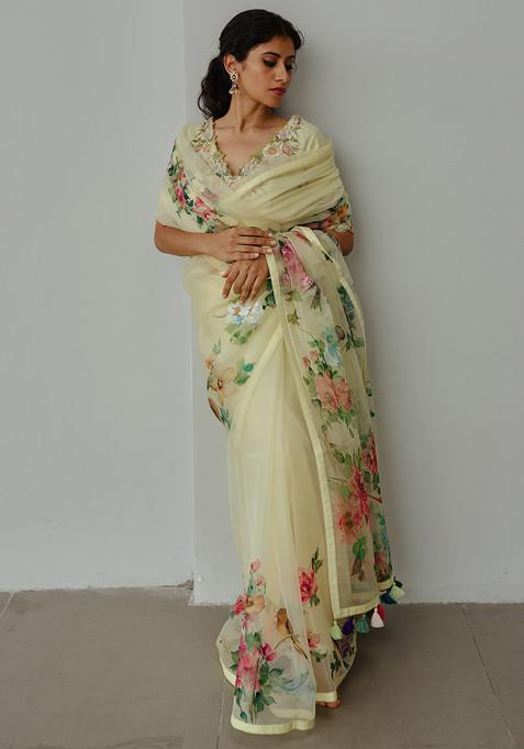 Lemon Yellow Hand Painted Saree With Stitched Blouse