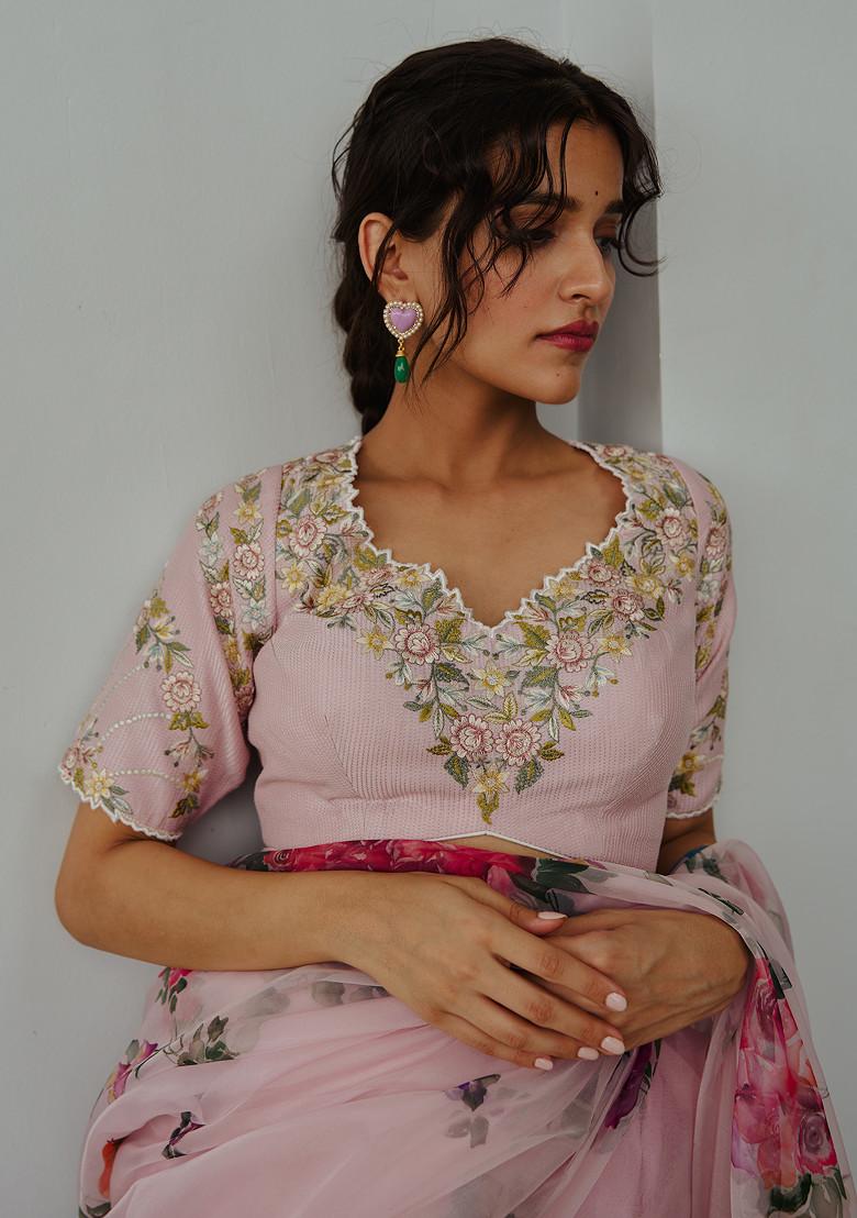 Pastel Pink Hand Painted Saree With Stitched Blouse - Indya