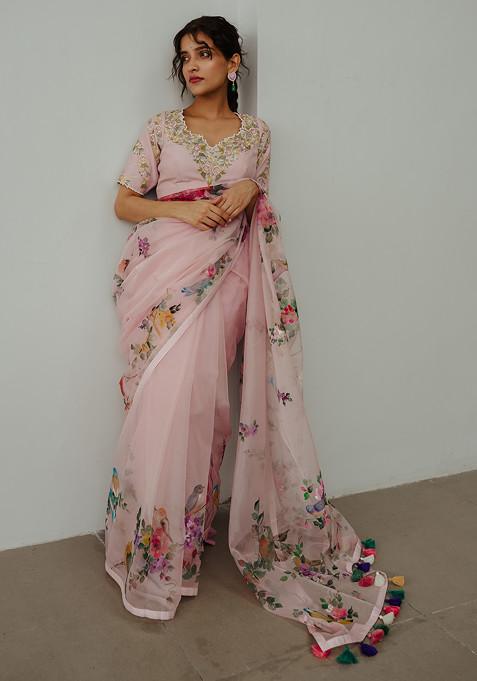 Pastel Pink Hand Painted Saree With Stitched Blouse