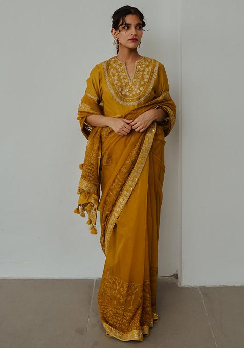 Mustard Organza Embroidered Saree With Stitched Blouse