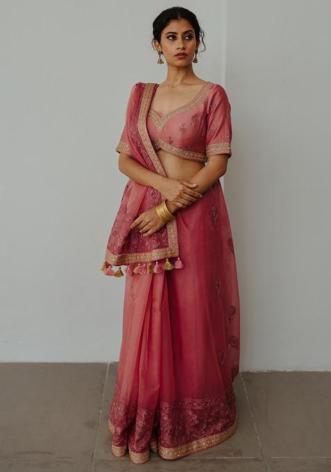 Old Rose Embroidered Saree With Stitched Blouse