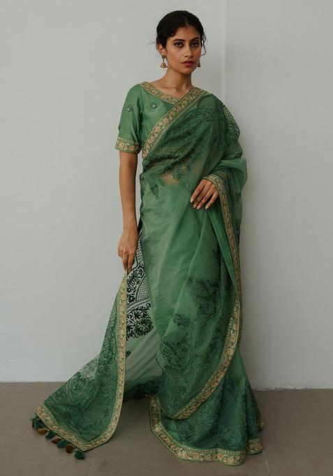 Moss Green Embroidered Saree With Stitched Blouse