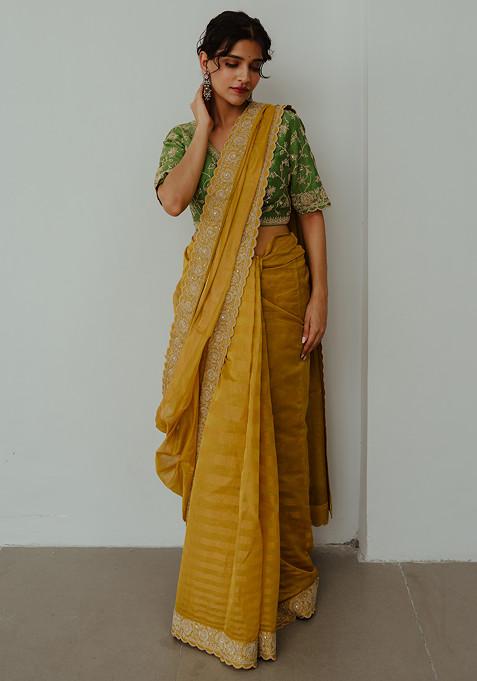 Mustard Chanderi Embroidered Saree With Stitched Blouse