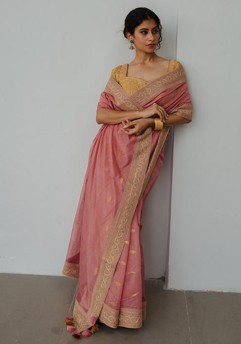 Old Rose Saree With Blouse Stitched Blouse