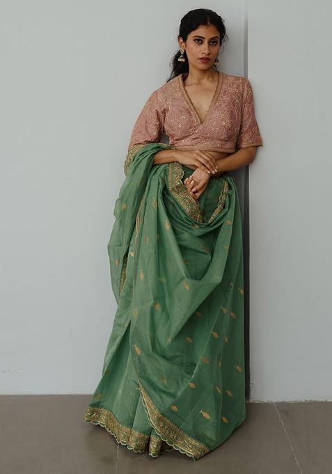 Moss Green Chanderi Embroidered Saree With Stitched Blouse