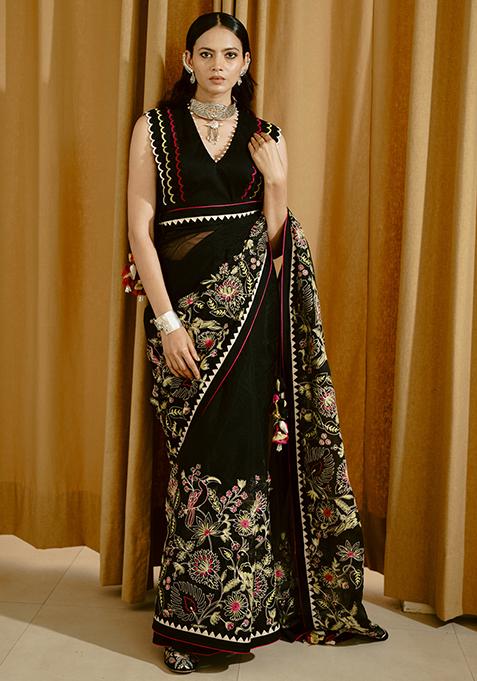 Black Embroidered Saree With Stitched Blouse