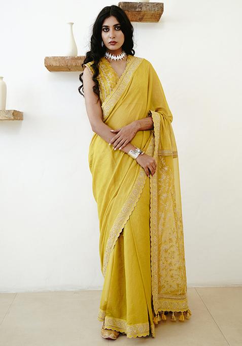 Mustard Embroidered Saree With Stitched Blouse