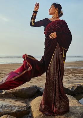 Wine Sequin Embroidered Velvet Jane Saree Set
