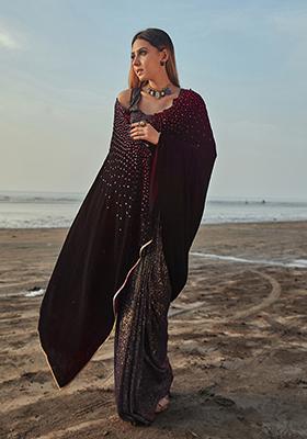 Wine Embroidered Velvet Julie Saree Set
