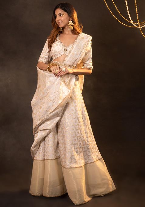 White And Gold Brocade Embroidered Daisy Sharara Saree Set