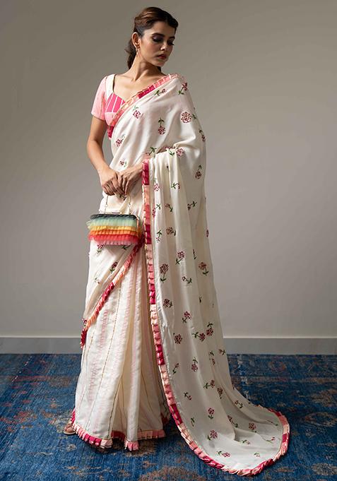 Ivory Embroidered Bamboo Silk Marigold Saree With Blouse