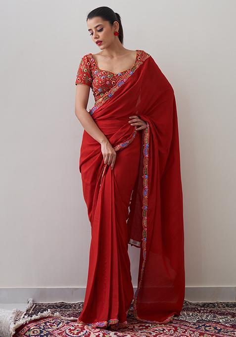 Red Resham Embroidered Bamboo Silk Kashmiri Saree With Blouse
