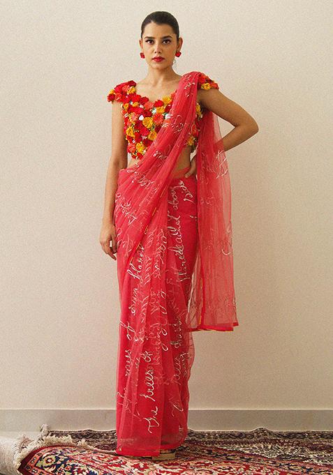 Red Sequin Embroidered Love Letter Saree With Blouse