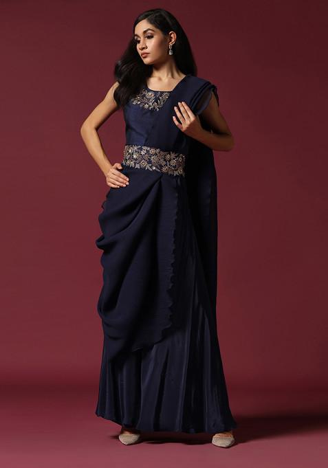 Navy Blue Hand Embroidered Pre-Draped Saree 