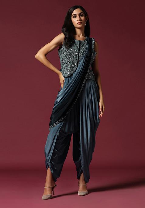 Shaded Blue Hand Embroidered Dhoti Set