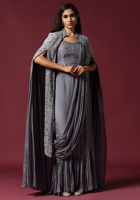 Grey Hand Embroidered Cape Jacket And Draped Saree Set