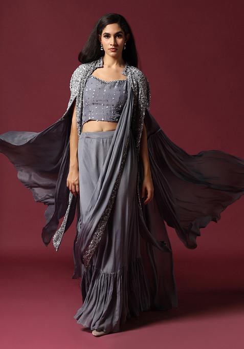 GREY CAPE-SAREE SET