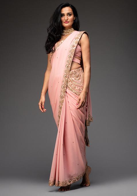 Nude Pink Embroidered Georgette Saree Set