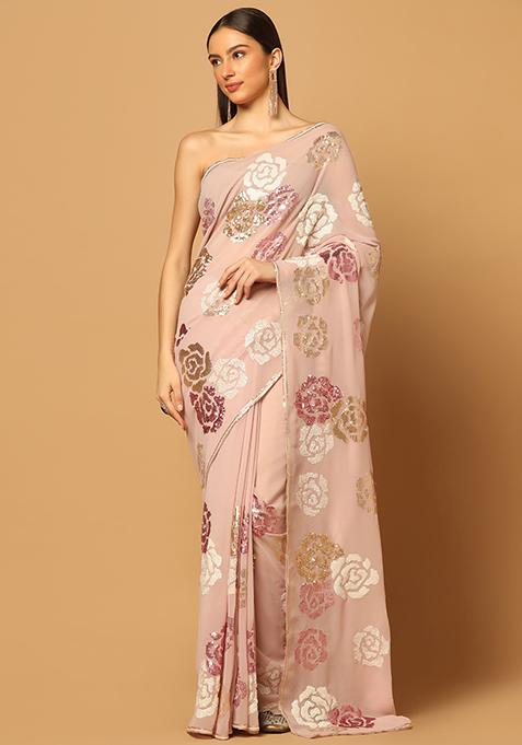 Pink Floral Sequin Embroidered Saree Set