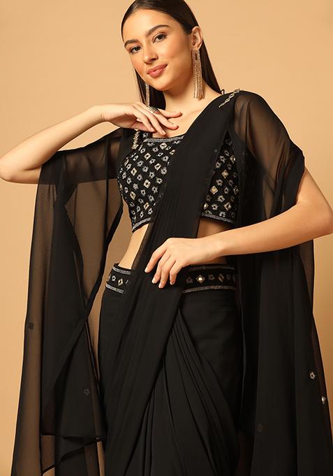 Silk Black Draped Saree Set