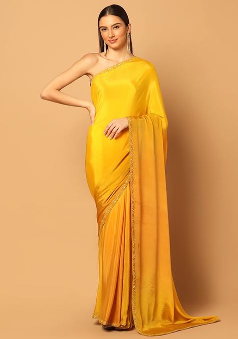 Yellow Ombre Embroidered Saree Set