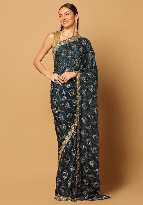 Teal Blue And Gold Jaal Embroidered Saree Set