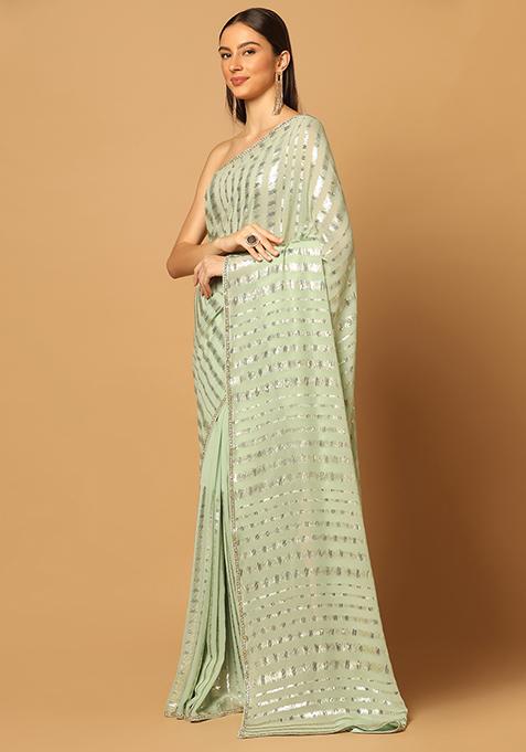 Buy Women Mint Green Embroidered Saree Set - Pre-draped Sarees - Indya