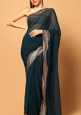 Teal Blue Embroidered Saree Set