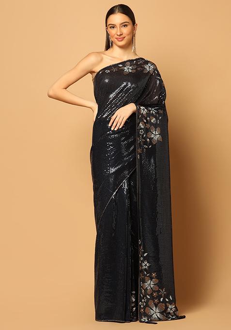 Black Sequin And Crystal Floral Work Saree Set
