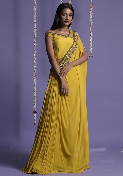 Yellow Cut Bead Embroidered Draped Saree Gown