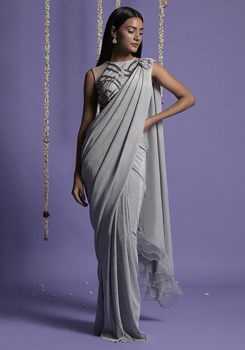 Grey And Silver Lycra Draped Saree Set