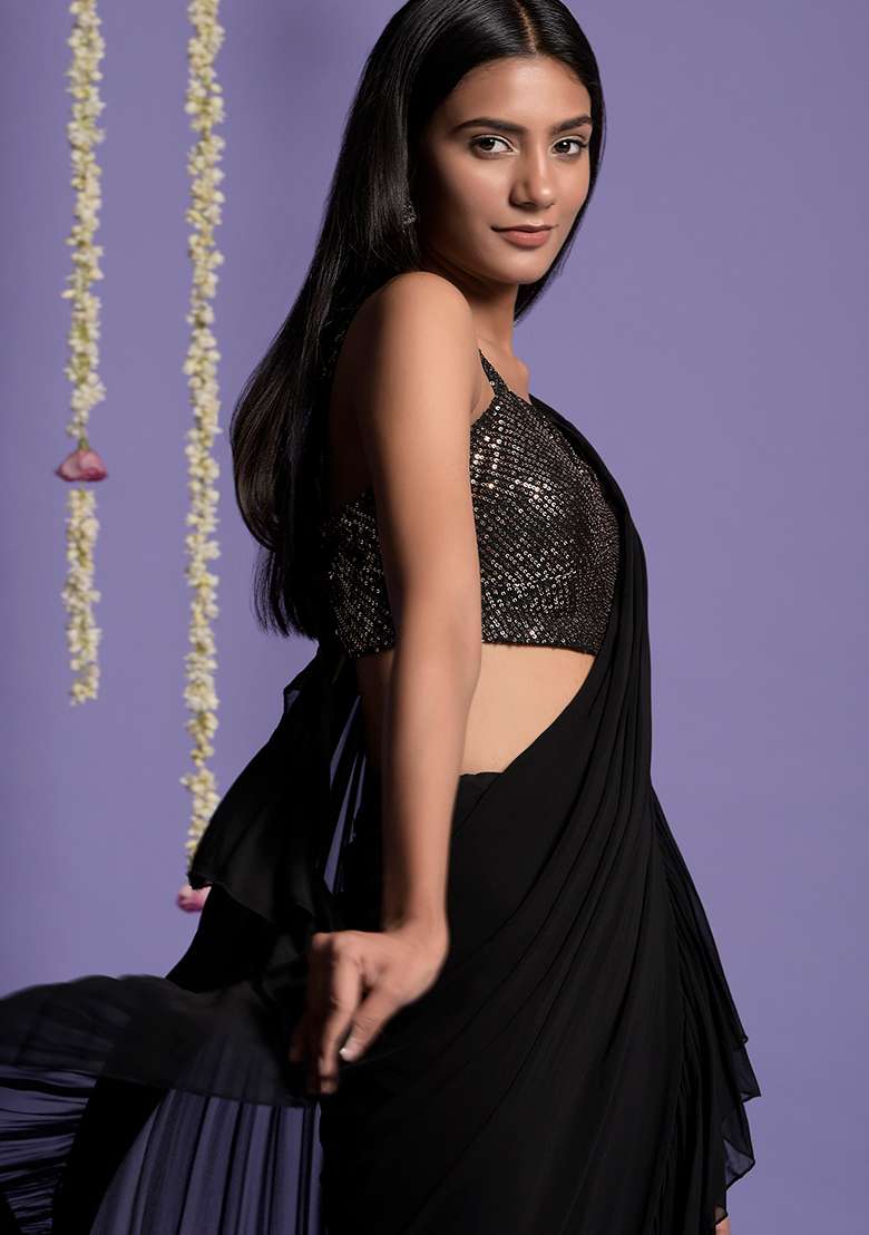Black Sequin Embroidered Ruffled Saree Set - Indya