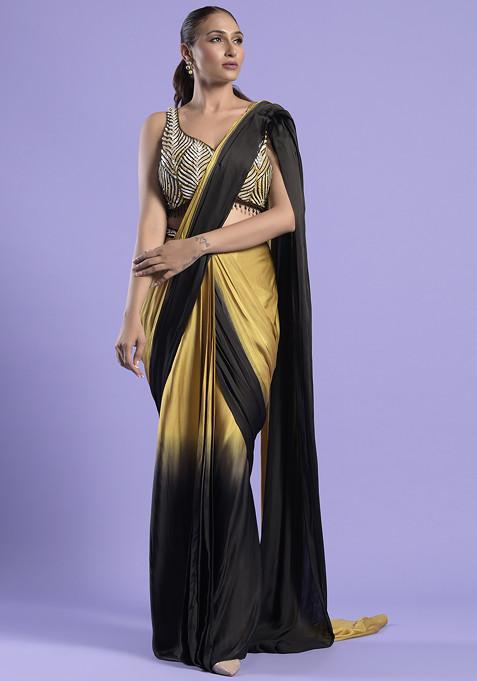 Yellow And Black Ombre Sequin Embroidered Pre-Draped Saree With Blouse