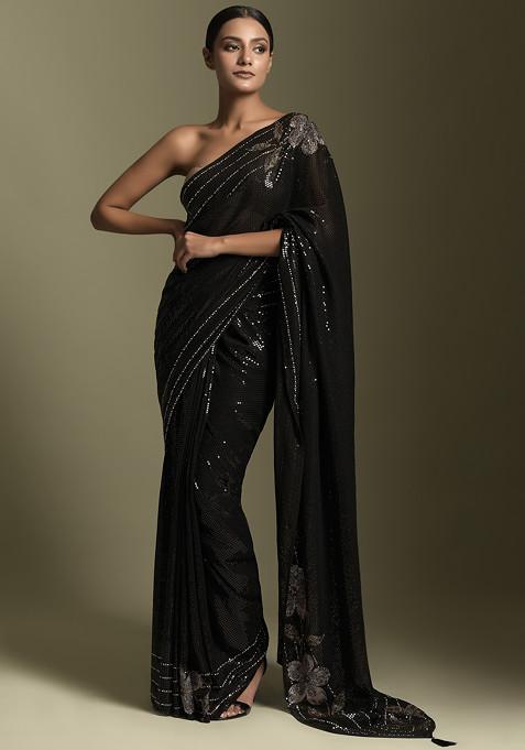 Black Crystal And Sequin Embroidered Saree With Blouse