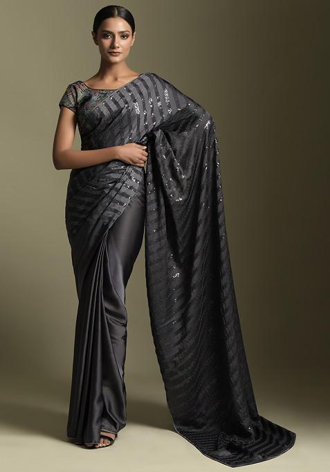 Grey Sequin Embroidered Georgette Saree With Blouse