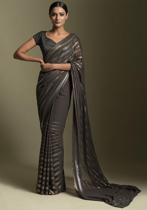 Grey Sequin Embroidered Saree With Blouse