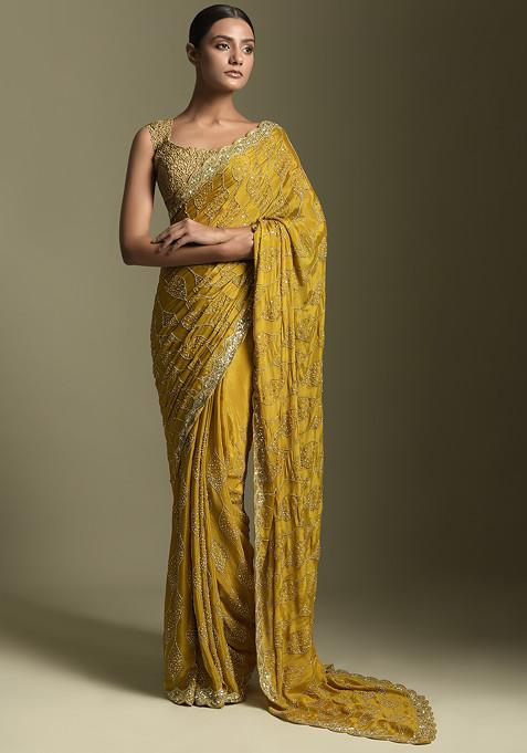 Mustard Sequin Embroidered Saree With Blouse