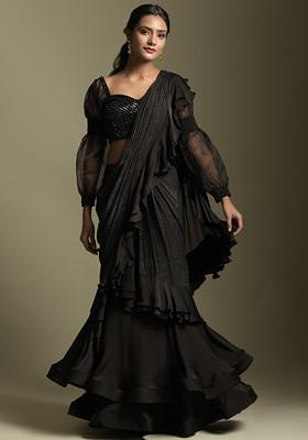 Black Sequin Embroidered Georgette Pre-Draped Saree With Blouse