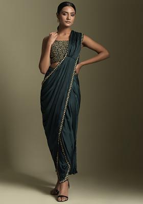 Teal Blue Zari Embroidered Dhoti Saree Set