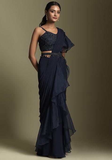 Blue Bead Embroidered Pre-Draped Ruffled Saree With Blouse