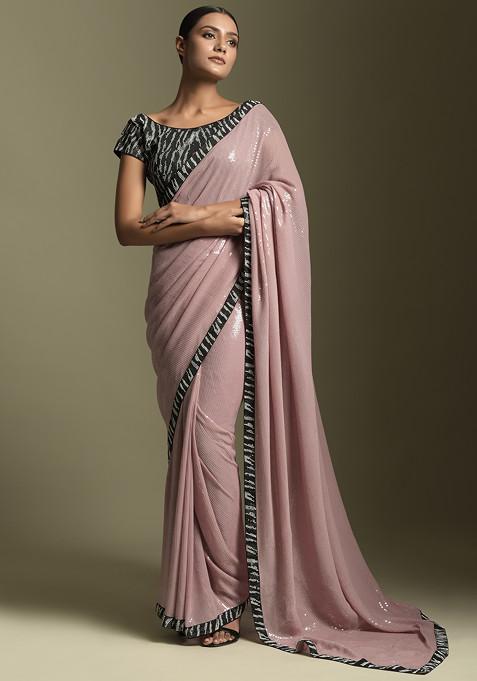 Pink And Black Sequin Embroidered Georgette Saree With Blouse